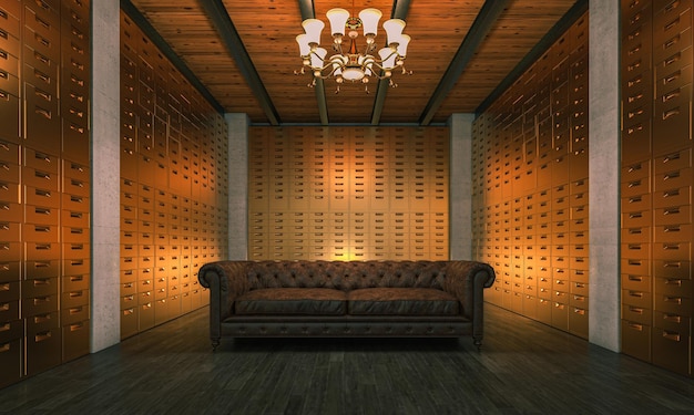 Leather sofa in empty room with many gold drawers