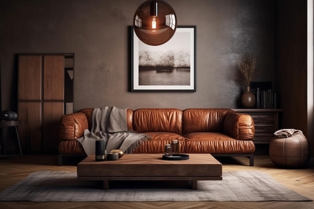 Photo a leather sofa in a living room with a large lamp hanging from the ceiling.