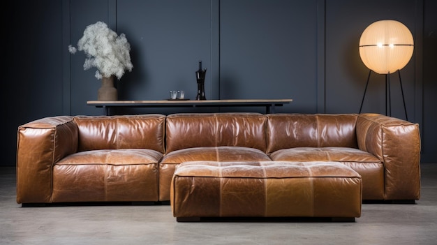 A leather sofa and ottoman in front of a wall ai