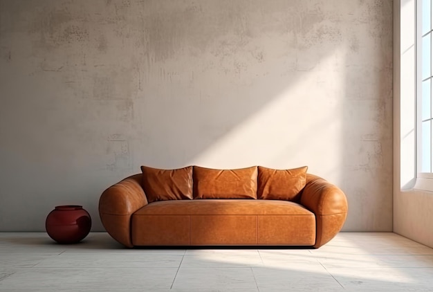 A leather sofa on the table in front of a white wall