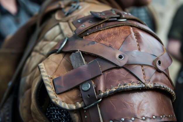 Foto cinghie di pelle su un pauldron a spalla stretto da uno scudiero