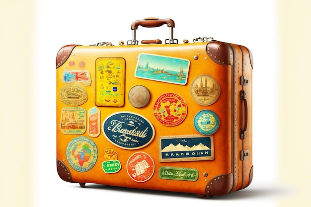 Фото Кожаный чемодан с наклейками из разных стран на белом фоне