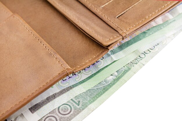 가죽 지갑. 흰색 배경에 100 즐로티, 폴란드 돈의 지폐