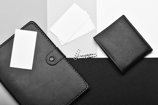 Leather wallet and stationery as business concept