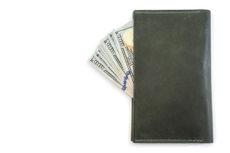 Leather wallet and US dollars isolated. Copy space.