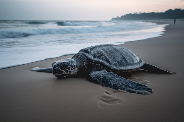 A leatherback turtle on the beach with the ocean in the background critically endangered species