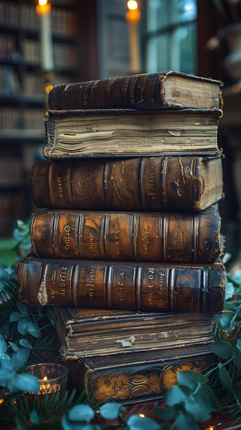 Photo leatherbound books and soft candlelight historical novels layered and bindingblurred