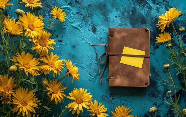 A leatherbound notebook surrounded by vibrant yellow flowers on a textured blue background