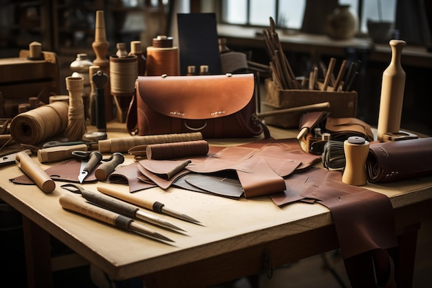 Leatherworking tools and supplies at craftsmanship workshop table Generative AI