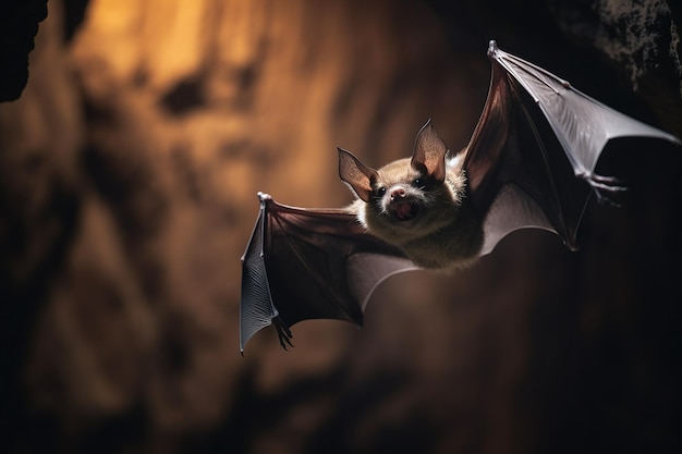 Foto il pipistrello di pelle appeso a testa in giù nella grotta