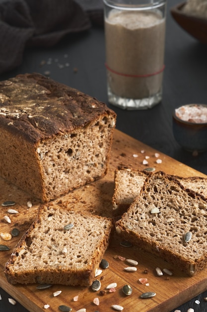 Leavened bread, whole grain rye bread with pumpkin and sunflower seeds