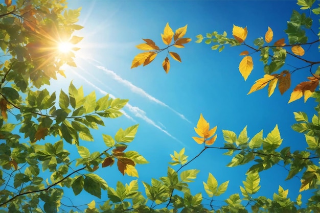 写真 明るい日差しと青い空を背景に葉晴れた空の背景太陽と葉の壁紙自然な背景 ai 生成