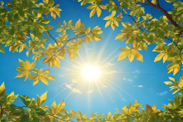 Foto foglie contro il cielo blu con sole splendente sfondo del cielo soleggiato sole e foglie carta da parati sfondo naturale ai generativo