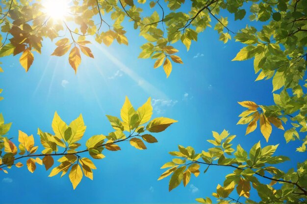 Leaves against blue sky with bright sunshine sunny sky background sun and leaves wallpaper natural background ai generative