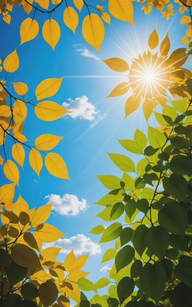 Leaves against blue sky with bright sunshine sunny sky background sun