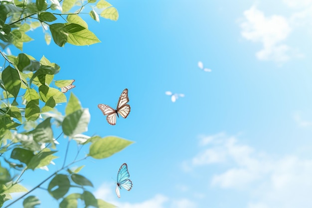 写真 葉と蝶の青い空の背景