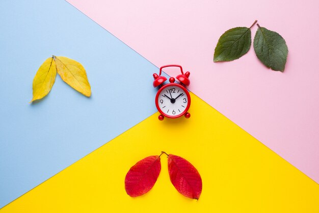 Le foglie sono verdi, gialle e rosse. tempo, sveglia all'orologio