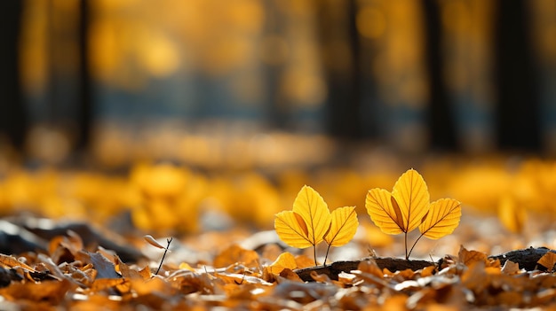 잎은 노란색 배경 생성 AI가 있는 숲의 땅에 있습니다.