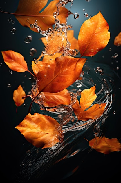 leaves autumn background swirl falling with water splashes on dark background