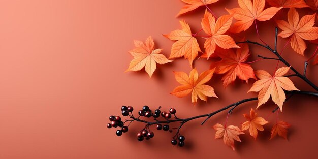Листья на ветви оранжевые и красные.