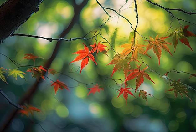 leaves and branches of an aged maple tree with blurred red and yellow background