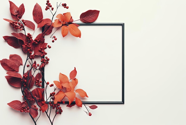 leaves and branches are surrounding a frame in front in the style of minimalistic objects