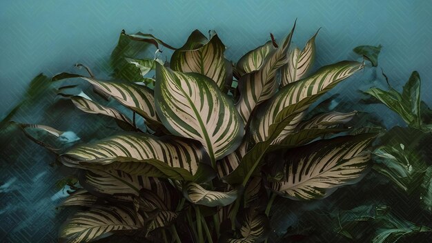 Photo leaves calathea ornata pin stripe background blue