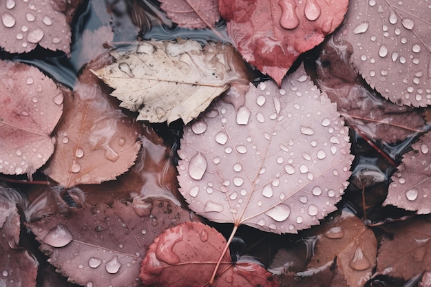 leaves covered in water drops in the style of muted earth tones