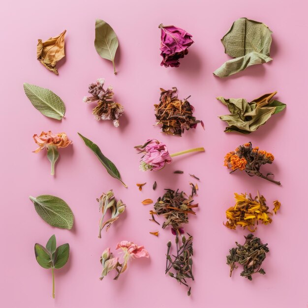 Photo leaves dry flowers of herbal tea background