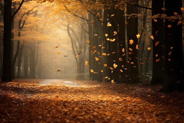 Foto foglie cadono dagli alberi in una foresta in una giornata di sole generativo ai