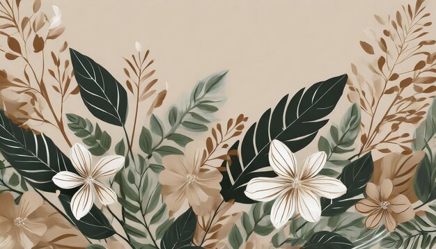 Leaves and flower on beige background copy space for your text big a space area used