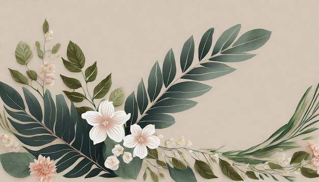 Leaves and flower on beige background copy space for your text big a space area used