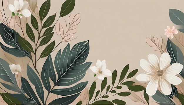 Leaves and flower on beige background copy space for your text big a space area used