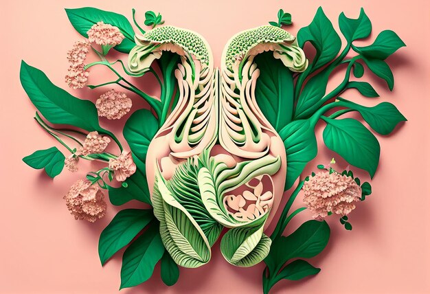 Leaves and flowers arranged in shape of female uterus on pink background women Health Medical concept prevention of cancer sexual viruses epidemic and diseases Generative AI illustration AI