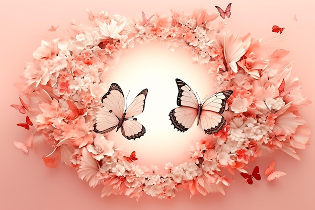 Leaves flowers butterfly and buds in a floral arch arrangement isolated on Pink Ai generated