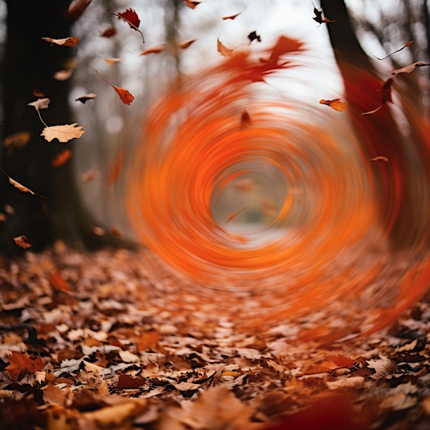 Foto foglie che volano nell'aria in una foresta con uno sfondo sfocato