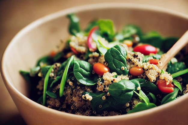 Leaves of healthy fresh salad in quinoa salad with\
tomatoes