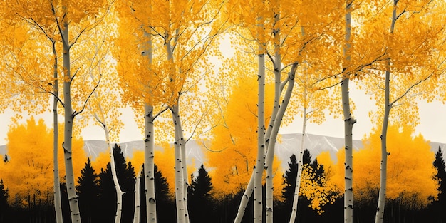 Leaves on poplar trees have turned yellow and fall foliage is in the backdrop