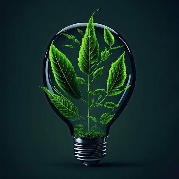 Photo leaves and roots inside a light bulb ecological theme in dark colors