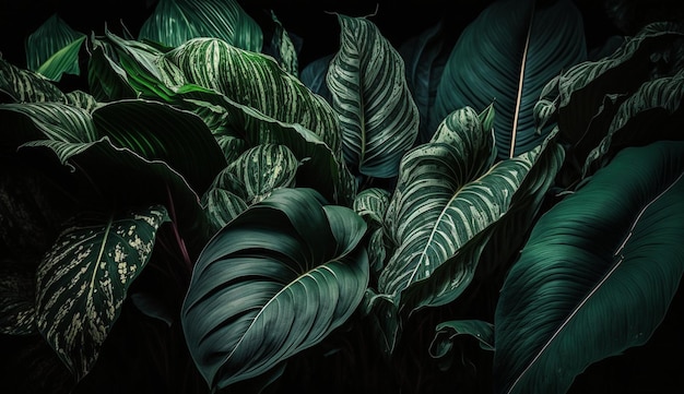 Leaves of Spathiphyllum cannifolium in the garden abstract green texture nature dark tone background tropical leaf