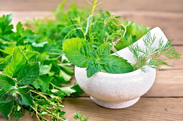 Leaves and sprigs of mint, dill, tarragon, thyme, celery and parsley in a stone mortar