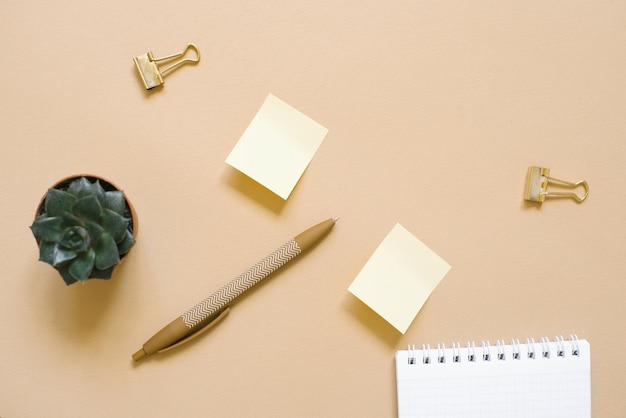 Leaves (stickers) for notes and a ballpoint pen, paper clips and succulent on a beige background. Workplace top view