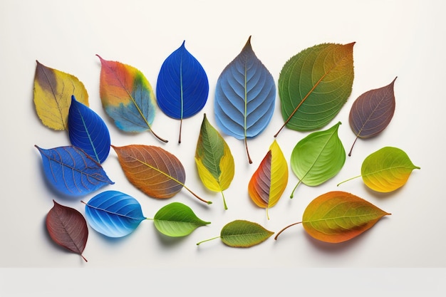 Leaves of various autumnal colors lying on the ground isolated on a white background