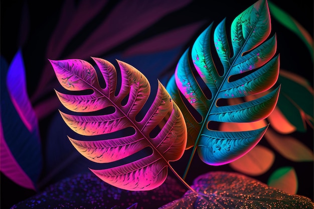 Photo leaves in vibrant gradient holographic neon colors