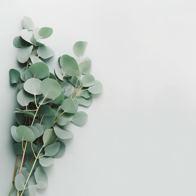 Photo leaves on a wall flat lat of eucalyptus green branches ai generated