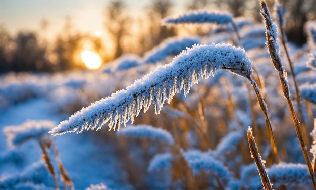 小麦の葉は乾燥した氷で覆われている. 麦畑の朝の寒さ. 冬の小麦の氷.