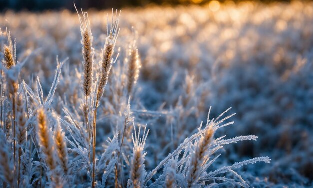 The leaves of wheat are covered with hoarfrost Morning frosts on the wheat field Winter wheat icin