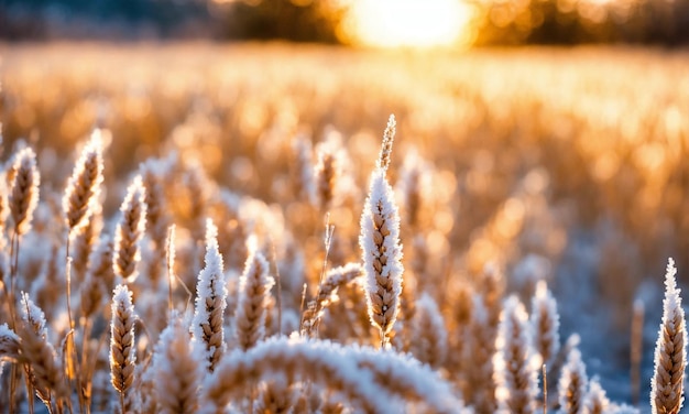 The leaves of wheat are covered with hoarfrost Morning frosts on the wheat field Winter wheat icin