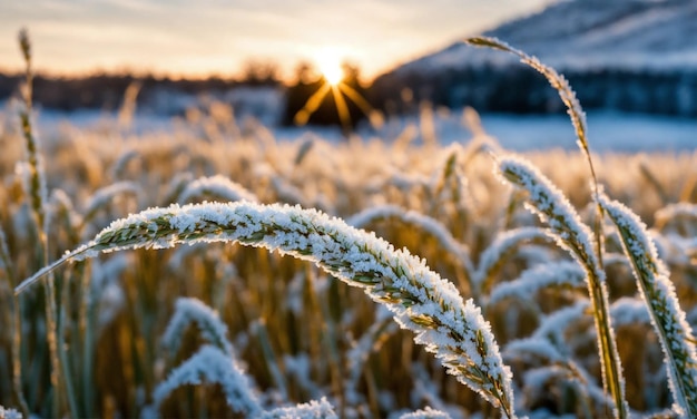 The leaves of wheat are covered with hoarfrost Morning frosts on the wheat field Winter wheat icin