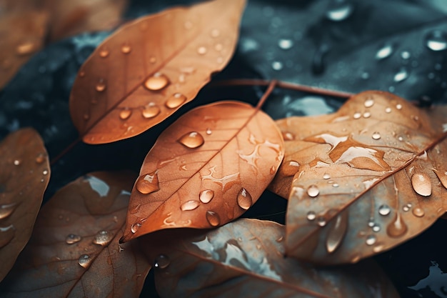 leaves with water drops on them and a black background.